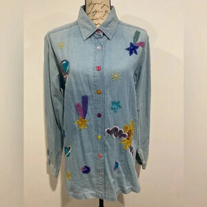 Quacker Factory Vintage Womens Blue Beaded Sequin Denim Button Up Shirt Medium